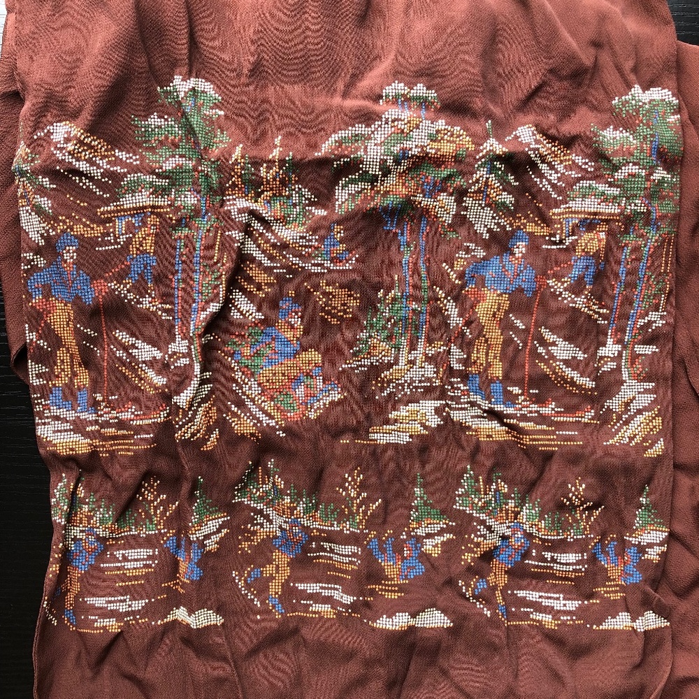 Vintage 1940's Men's Scarf Brown Rayon Fringe Beau Brummell Petit Point